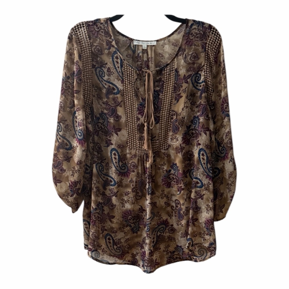 Daniel Rainn Beige Paisley Tie-Neck Blouse with Purple & Blue Accents